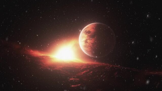 A new red exoplanet with a sun shining on its horizon.