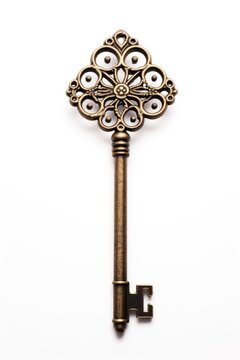 A key with a filigree design on it. Digital image.