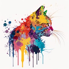 Colorful cat head art, artistic illustration, multicolor paint splash