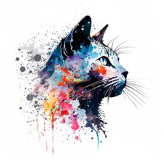 Colorful cat head art, artistic illustration, multicolor paint splash