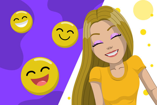 vector de mujer feliz joven, vector de mujer sonriente, felicidad, emoticonos de felicidad, alegr&iacute;a, ilustraci&oacute;n, pegatinas, ilustraci&oacute;n femenina