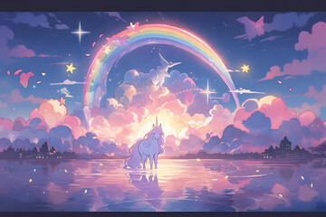 In the town, a town unicorn adorned with vibrant colors stands in front of a rainbow, creating a magical and fairy-tale-like scene. - obrazy, fototapety, plakaty