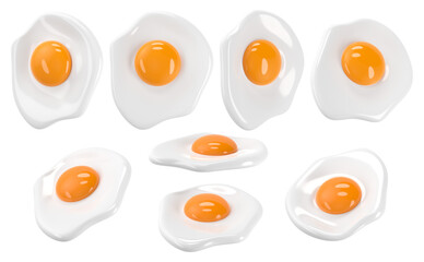 Fried egg with orange yolk in different position isolated on transparent background. 3D rendering.