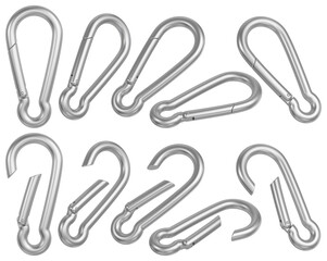 Steel carabiner set in different positions. Isolated design elements. 3D rendered image.