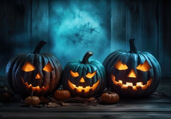 Pumpkins Burning In Forest At Night - Halloween Background