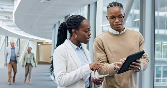 Teamwork, walking and strategy with business people and tablet for networking, consulting and planning. Digital, solution and advice with employees for collaboration, communication and proposal