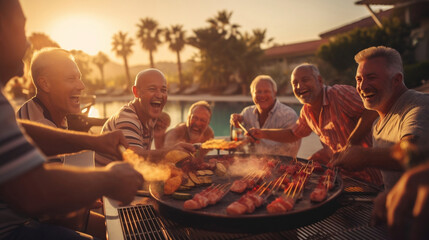 A group of energetic senior men laugh around a barbeque, cooking a meal at sunrise or sunset by the pool.