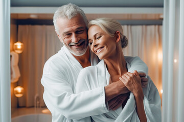 A senior couple in white robes embracing each other