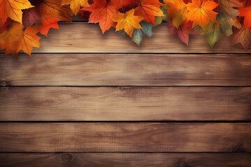 Naklejka na ściany i meble Fall leaves on a wood plank backdrop with copy space