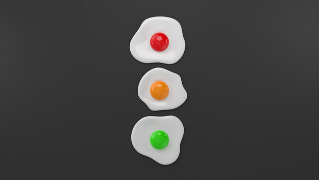 Traffic lights made of fried eggs on black background. 3D rendered concept.