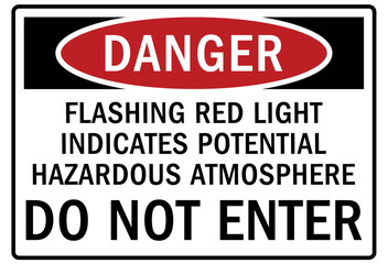Testing in progress warning sign and labels flashing red light indicates potential hazardous atmosphere