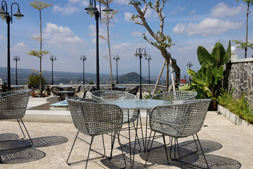 empty chair table with mountain view, summer holiday concept in Indonesia