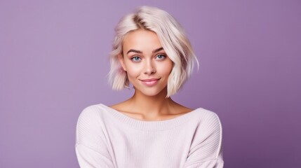 Young blonde woman in white casual sweater isolated on purple background. - obrazy, fototapety, plakaty
