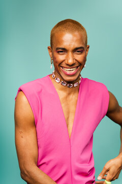 Fashionable Queer Man With Trendy Colourful Makeup