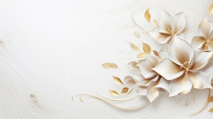 serene white textured background with gold swirl and white flower border