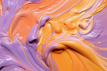 Abstract liquid background of orange and soft lavender oil paint 