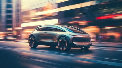 futuristic electric liftback car outside on modern city, street out of focus