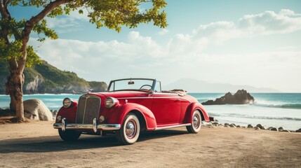 Fototapeta na wymiar A red vintage convertible car parked near a beach