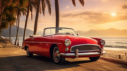 A red vintage convertible car parked near a beach - obrazy, fototapety, plakaty