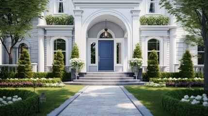Fototapeta na wymiar beautiful front yard, in the style of light gray and navy, arched doorways