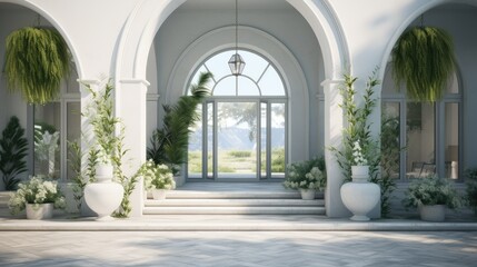 beautiful front yard, in the style of light gray and navy, arched doorways