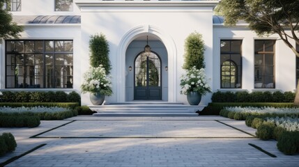 Fototapeta na wymiar beautiful front yard, in the style of light gray and navy, arched doorways