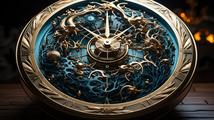 A gold clock with a blue face on a wooden table.