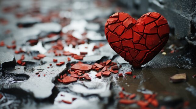 A broken red heart sitting on the ground. Digital image.