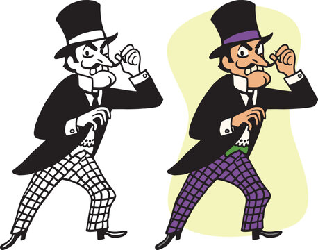 A vintage retro cartoon of a classic mustache twirling villain character. 