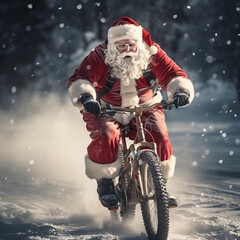 Santa Claus rides a bicycle in a snowy forest and brings gifts to children. Blurred background. A winter idea. Merry Christmas greeting card illustration.