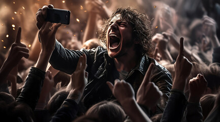A sweaty man screams while in a riot or mosh pit at a crowded concert or event, taking a selfie...