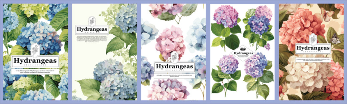 Set of Elegant Hydrangeas, Realistic Vector Illustrations of Flowers, Leaves, and Plants for Backgrounds, Patterns, and Wedding Invitations.