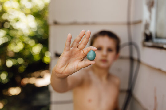 Child Finds Robin Egg Outside While Playing