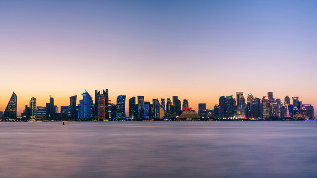 Panoramic of the buildings of Doha, Qatar at sunset