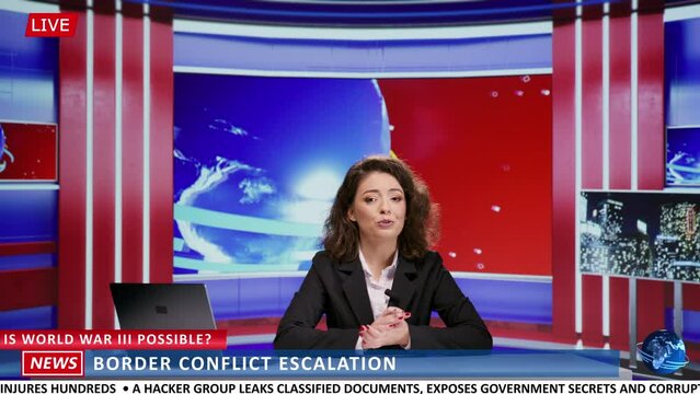Journalist discuss about modern conflict at country borders, frightening people with posibile world war III escalation. Woman news broadcaster presenting global events and information.