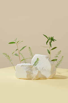 Stack stones platform podium and twig on gray light copy