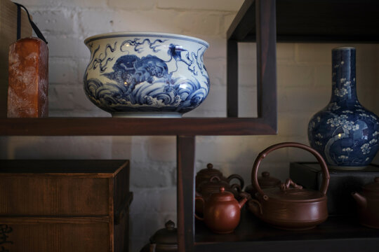 Closeup antique chinese display rack, at home