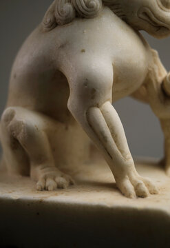 Closeup stone lion carved from white marble, decoration at home