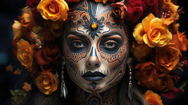 Woman made up as a catrina for the day of the dead in mexico. Generative AI