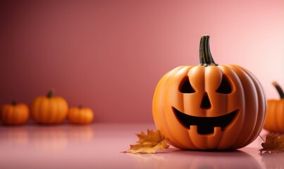 Naklejka na ściany i meble Halloween pumpkin with happy face on minimal pink background