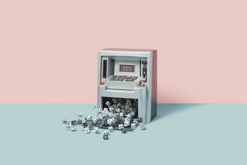 Black and white dice falling out of ATM slot machine.