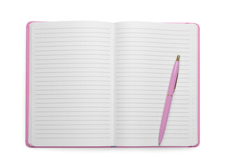 Open blank office notebook and pen isolated on white, top view