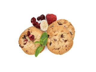 Cookies with freeze dried fruits and mint isolated on white, top view
