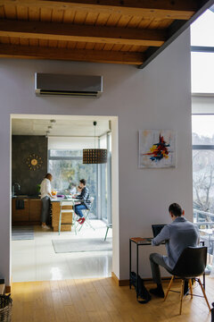 Modern family home office busy parent wfh accommodation settle down