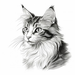 maine coon cat pencil sketch isolated on a white background - obrazy, fototapety, plakaty