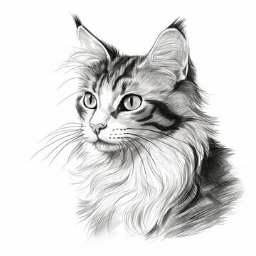 maine coon cat pencil sketch isolated on a white background