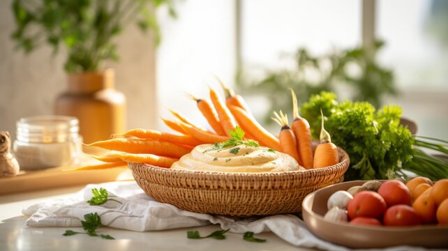 Delicious Carrot and Hummus Food Combination Photorealistic Horizontal Illustration. Crunchy and Creamy Mediterranean Dish. Ai Generated bright Illustration with Delicious Aromatic Carrot and Hummus.