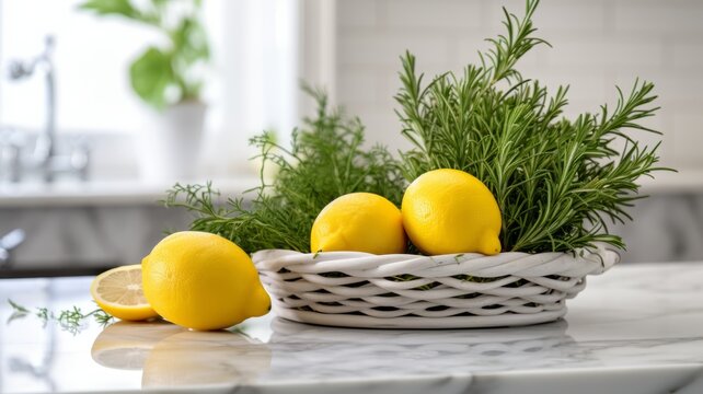 Delicious Lemon and Dill Food Combination Photorealistic Horizontal Illustration. Fresh and Aromatic Seasoning. Ai Generated bright Illustration with Delicious Aromatic Lemon and Dill.