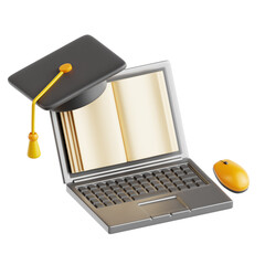 3D illustration of online learning in a laptop with mortarboard
