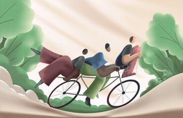 Diverse mixed race men riding bicycle in suburb enjoying nature